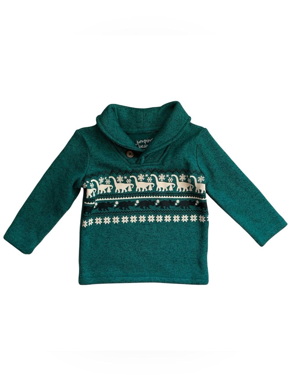 Jumping Beans Green Dinosaur Nordic Patterned 12M Shawl Collar Fleece Sweatshirt